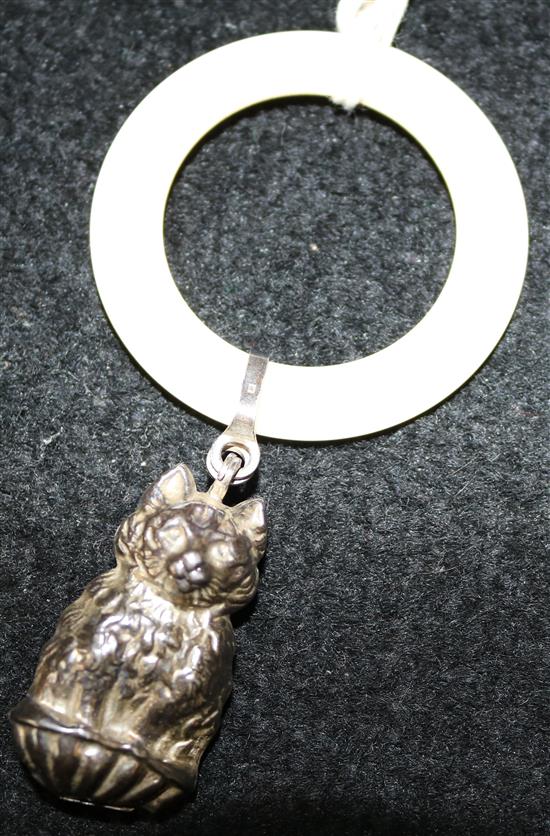 Babys silver cat rattle with ivory ring teether
